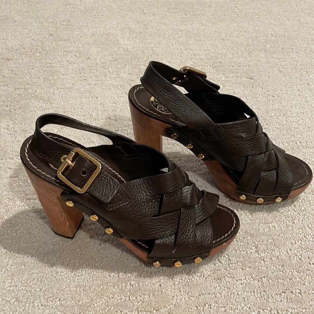 Tory Burch platform chunky leather wood heels summer sandal